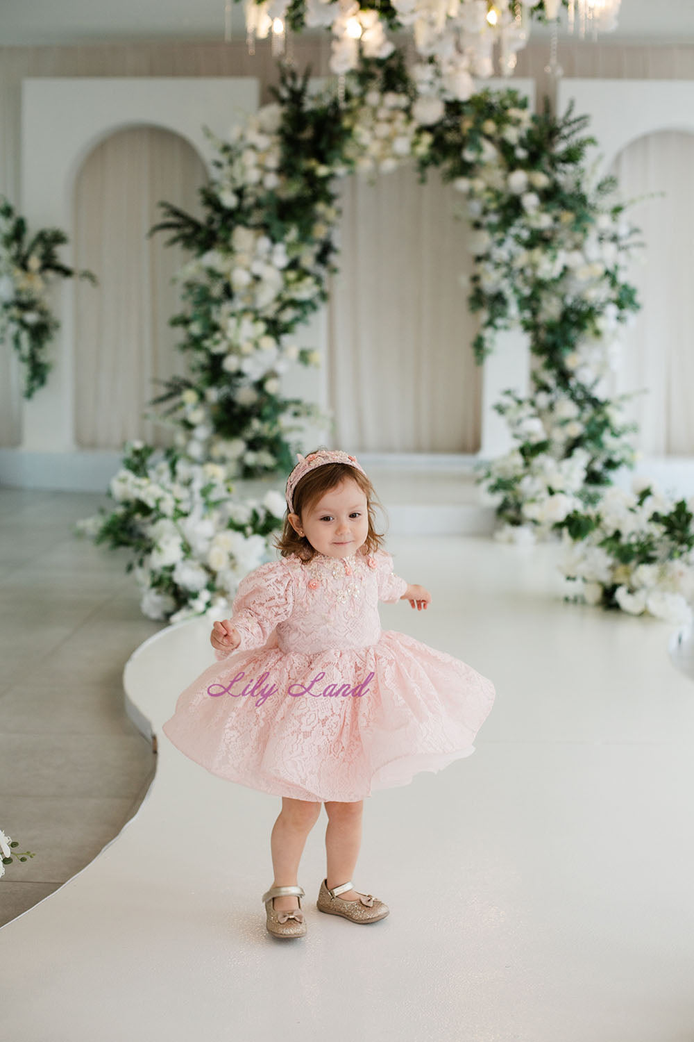 Felicity Lace Girl Dress with Long Sleeves in Blush Pink