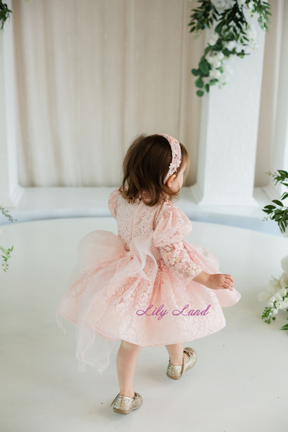 Felicity Lace Girl Dress with Long Sleeves in Blush Pink