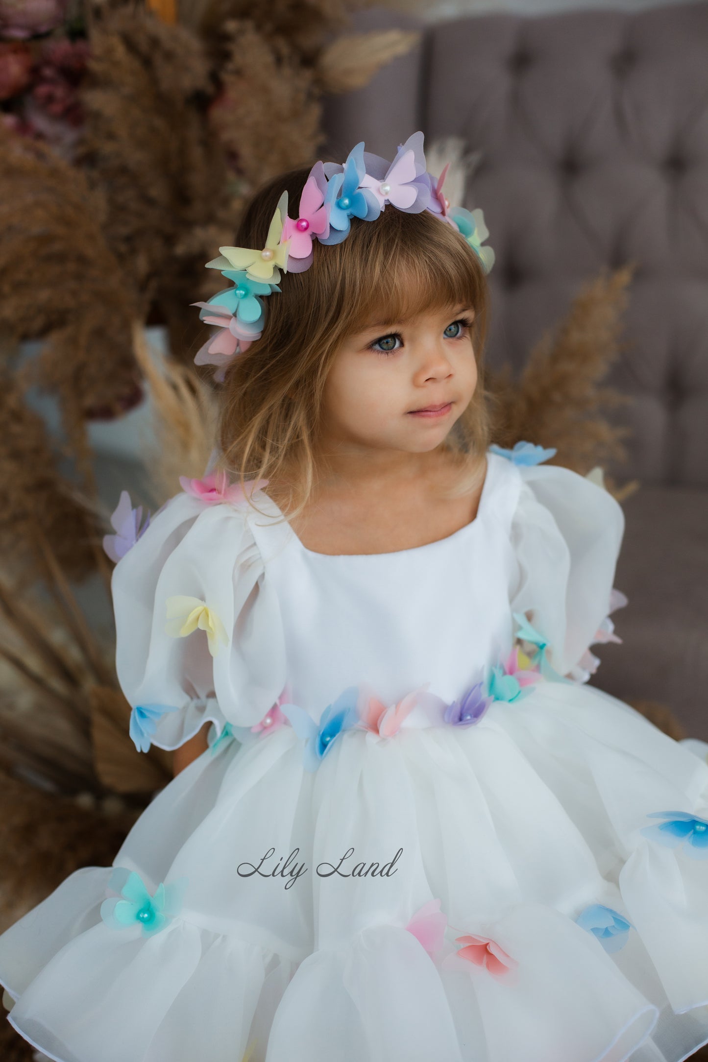 Marseille Puffy Dress in White with Multicolored Butterflies