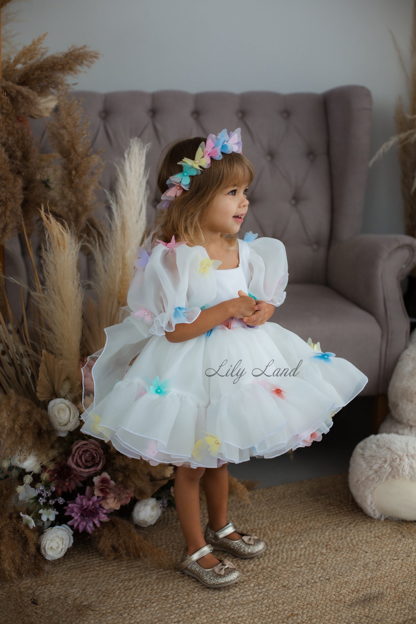 Marseille Puffy Dress in White with Multicolored Butterflies