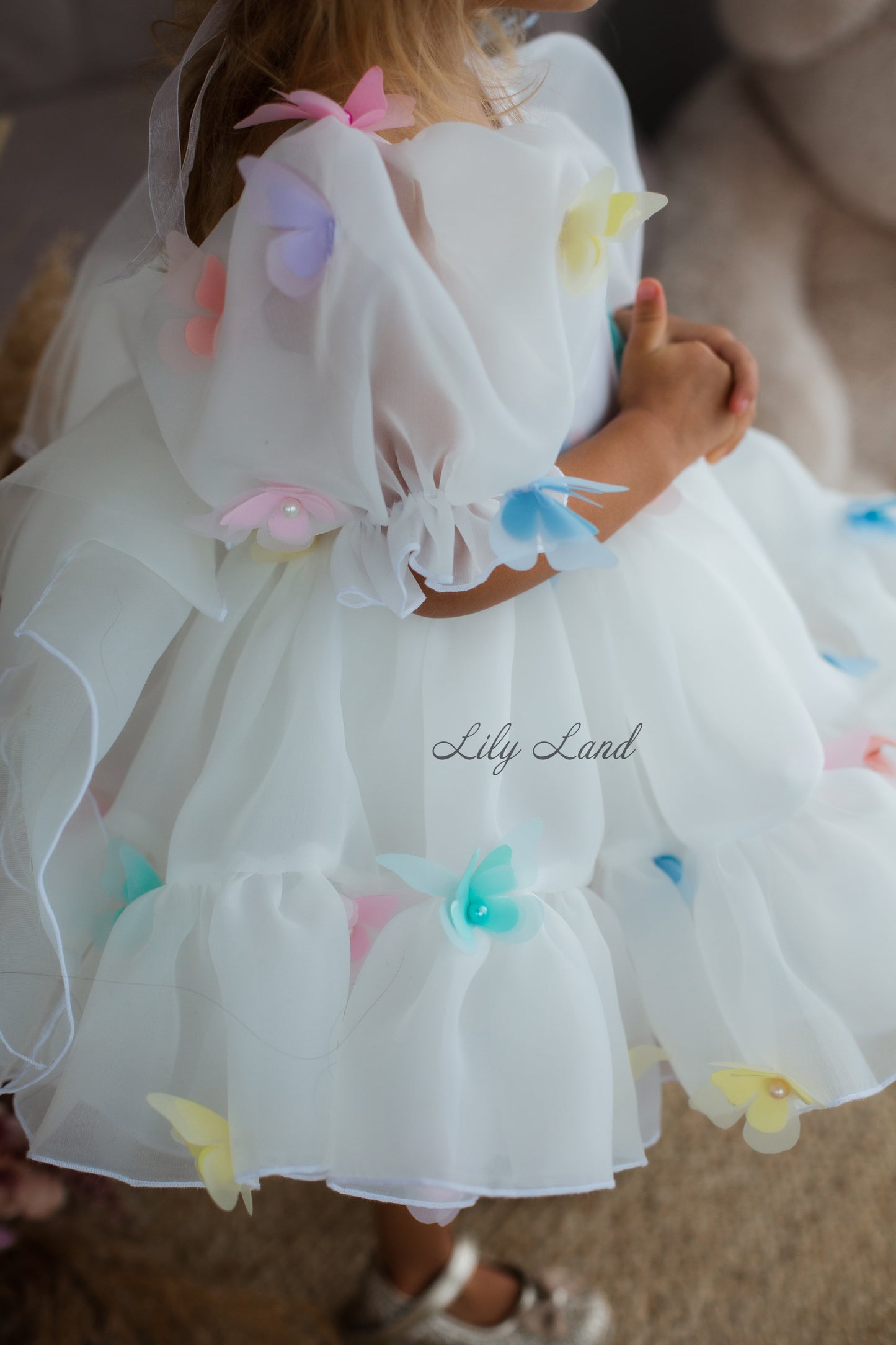 Marseille Puffy Dress in White with Multicolored Butterflies