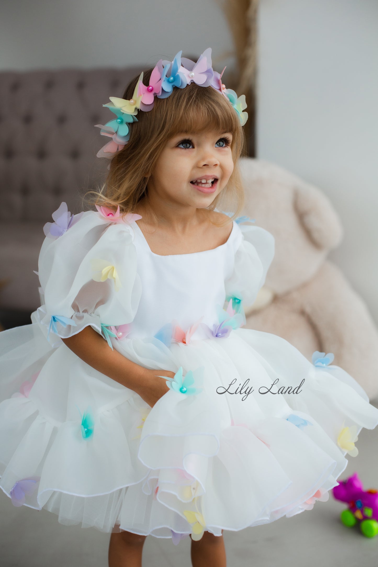 Marseille Puffy Dress in White with Multicolored Butterflies