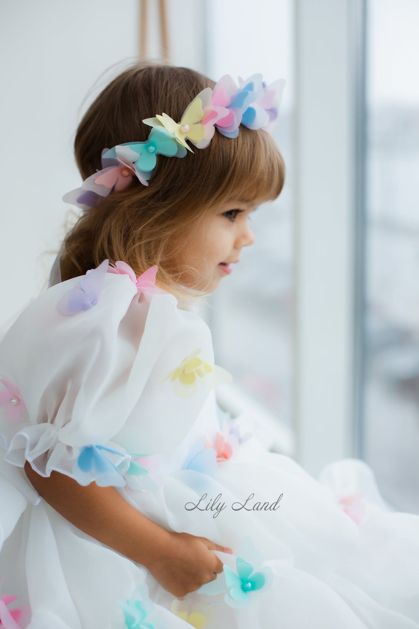 Marseille Puffy Dress in White with Multicolored Butterflies