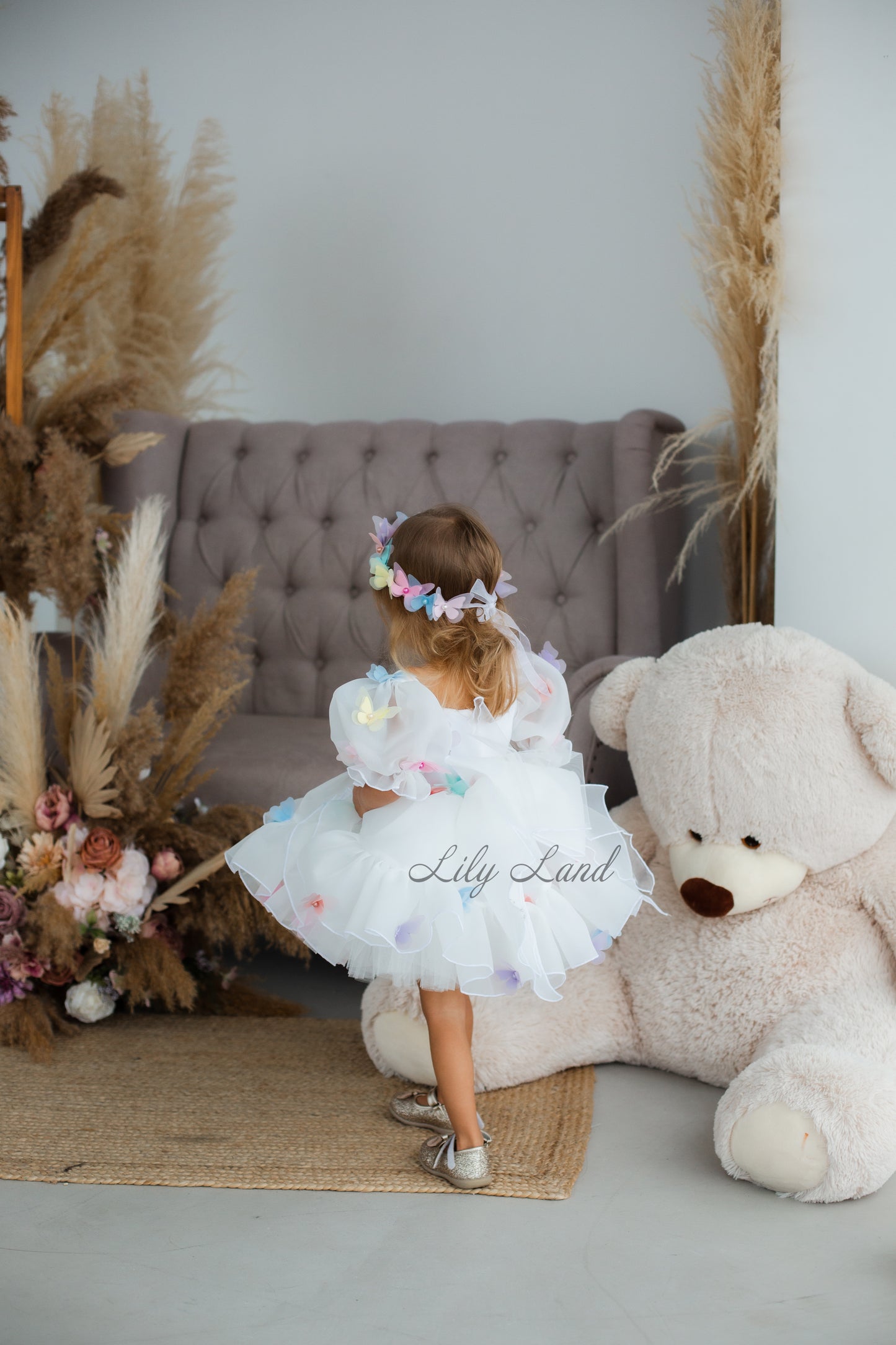 Marseille Puffy Dress in White with Multicolored Butterflies