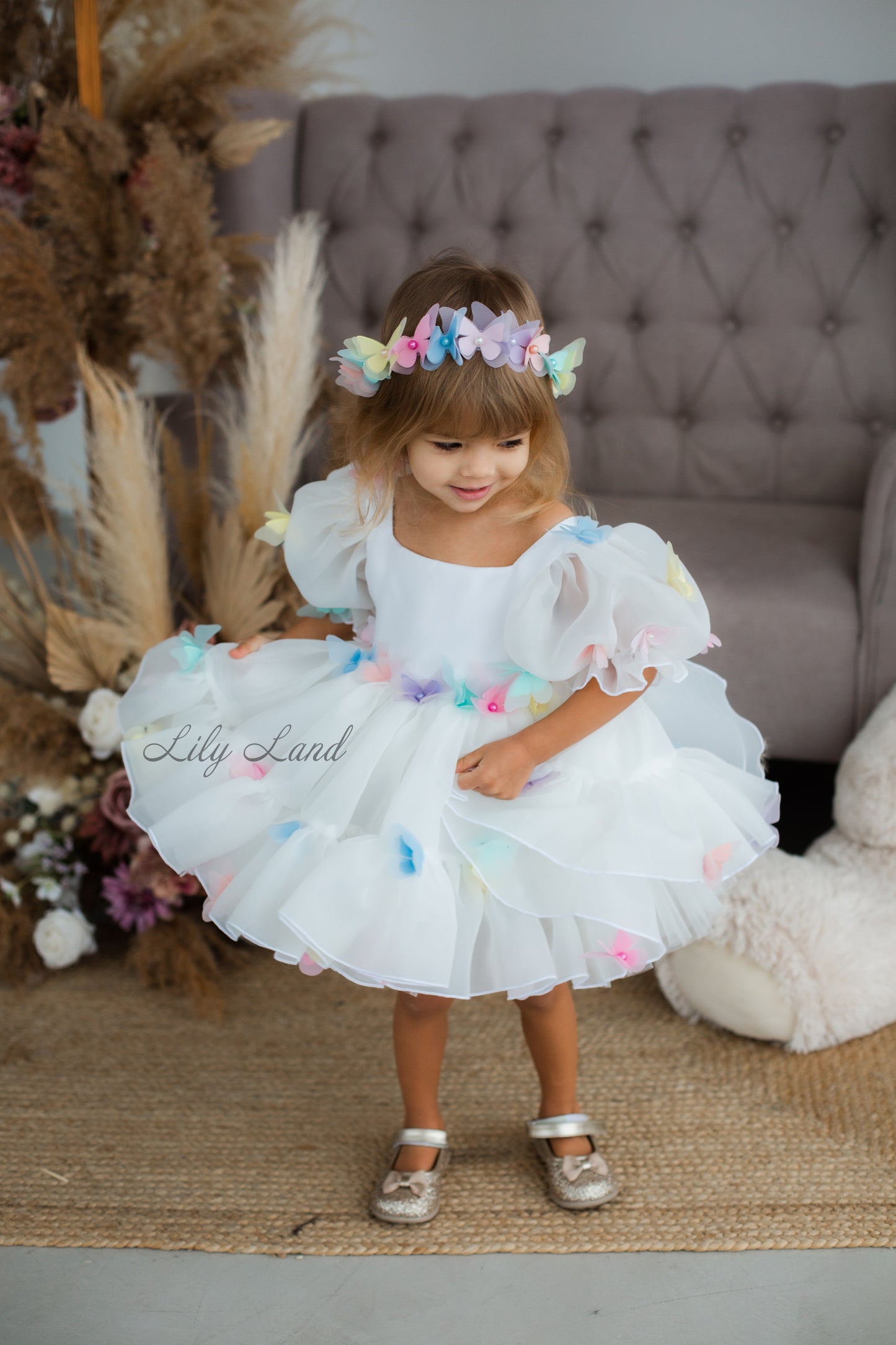 Marseille Puffy Dress in White with Multicolored Butterflies