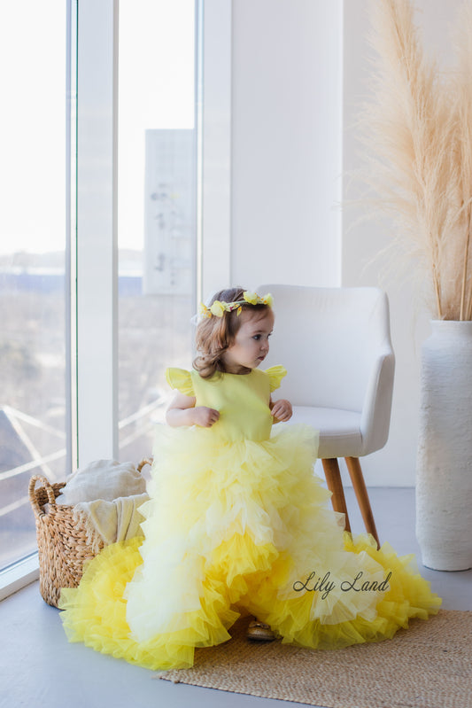 Rosa Girl Dress in Yellow Ombre with Long Train