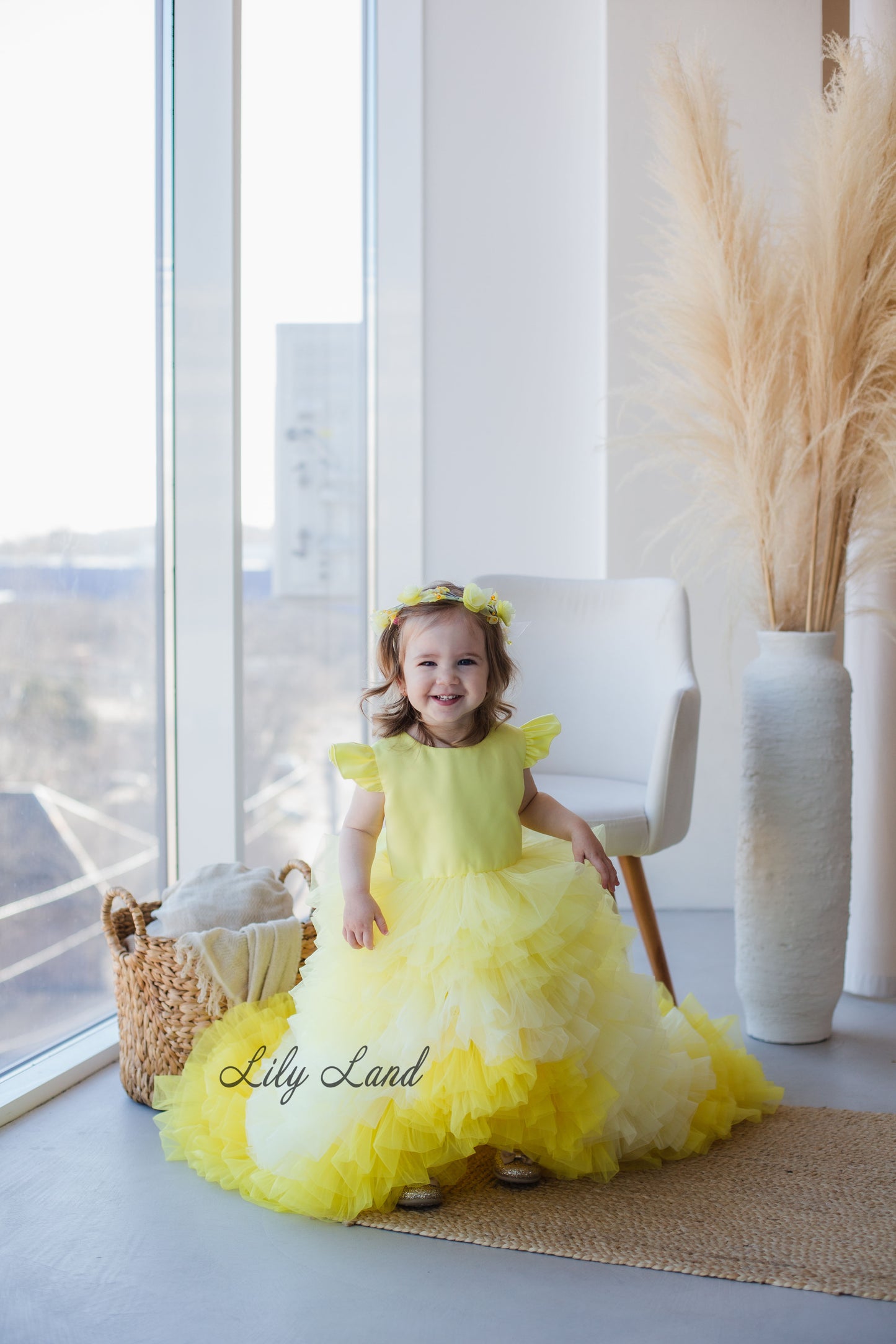 Rosa Girl Dress in Yellow Ombre with Long Train