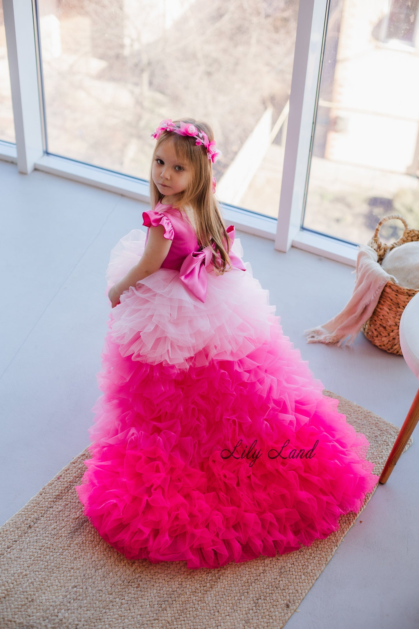 Rosa Girl Dress in Hot Pink Ombre with Long Train