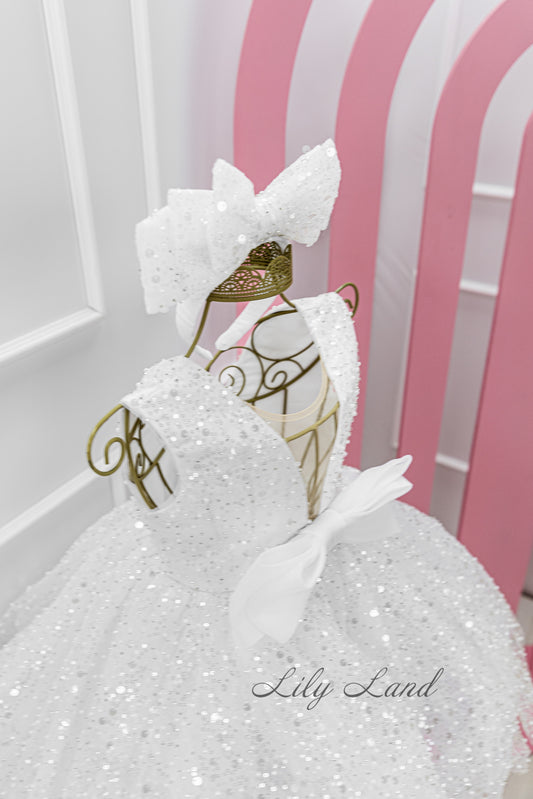 Celeste Girl Dress in White with a Mesh of Beads and Sequins