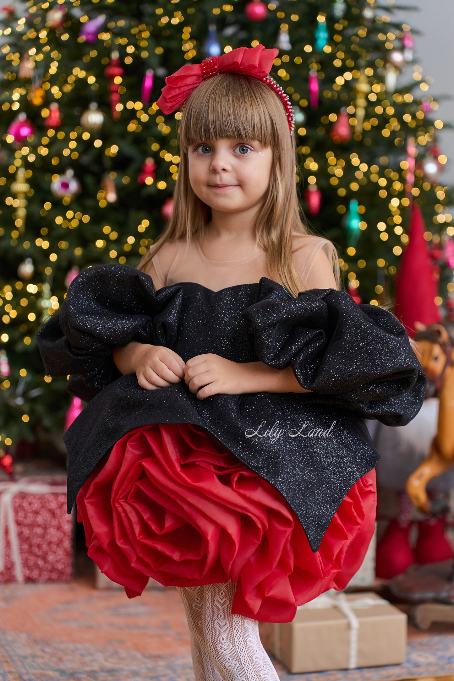 Dolly Glitter Christmas Dress in Black with Red
