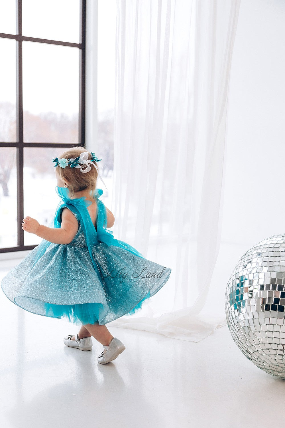 Stefania Girl Glitter Dress In Turquoise With Open Back