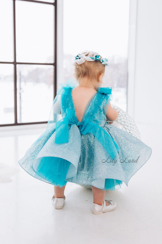 Stefania Girl Glitter Dress In Turquoise With Open Back