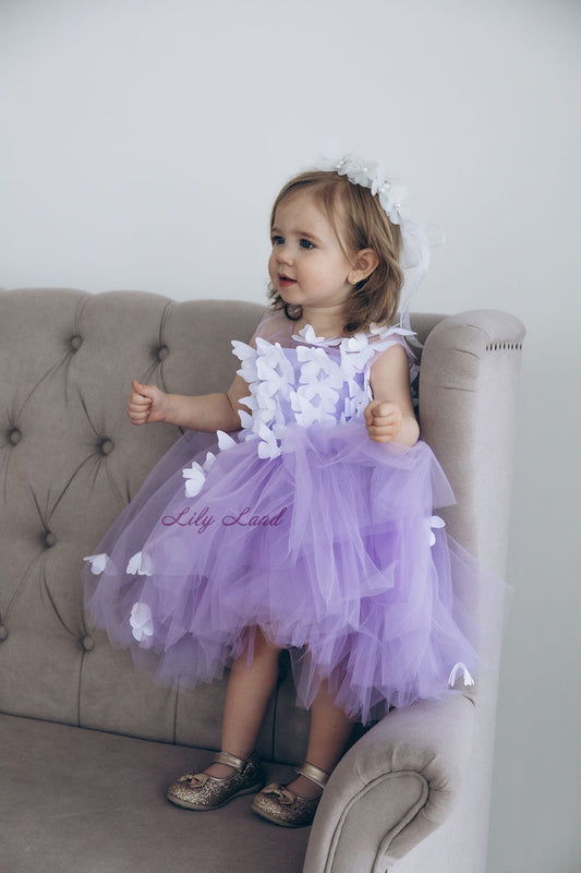 Fleur Girl Dress with White Butterflies in Lavender