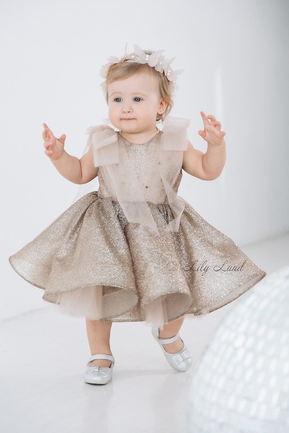 Stefania Girl Glitter Dress In Gold With Open Back