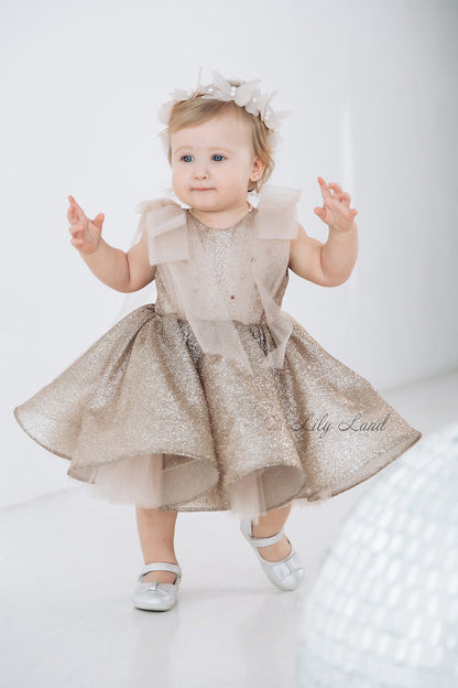 Stefania Girl Glitter Dress In Gold With Open Back