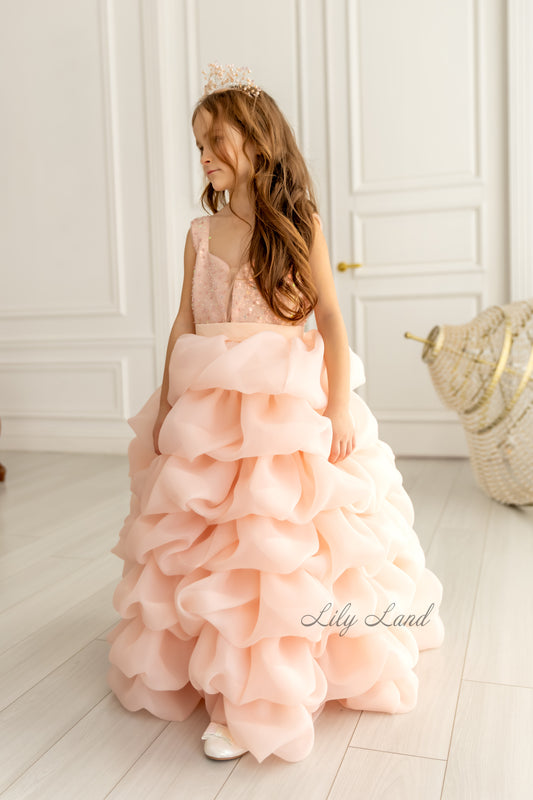 Rosalyn Girl Dress in Peach with Long Train
