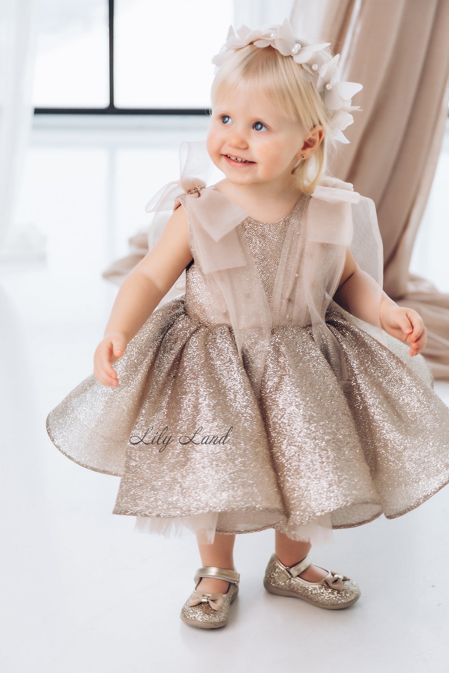 Stefania Girl Glitter Dress In Gold With Open Back