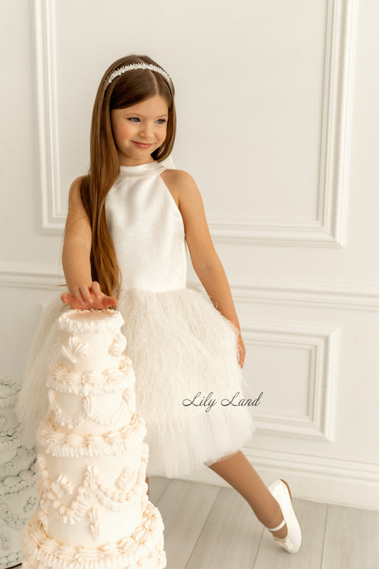 Amina Sleeveless Girl Dress with Feathers in White