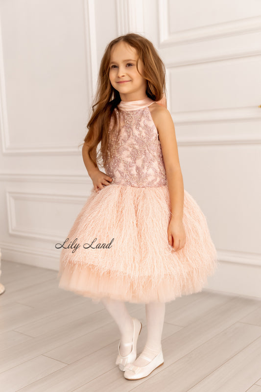 Amina Sleeveless Girl Dress with Feathers & Lace in Light Pink