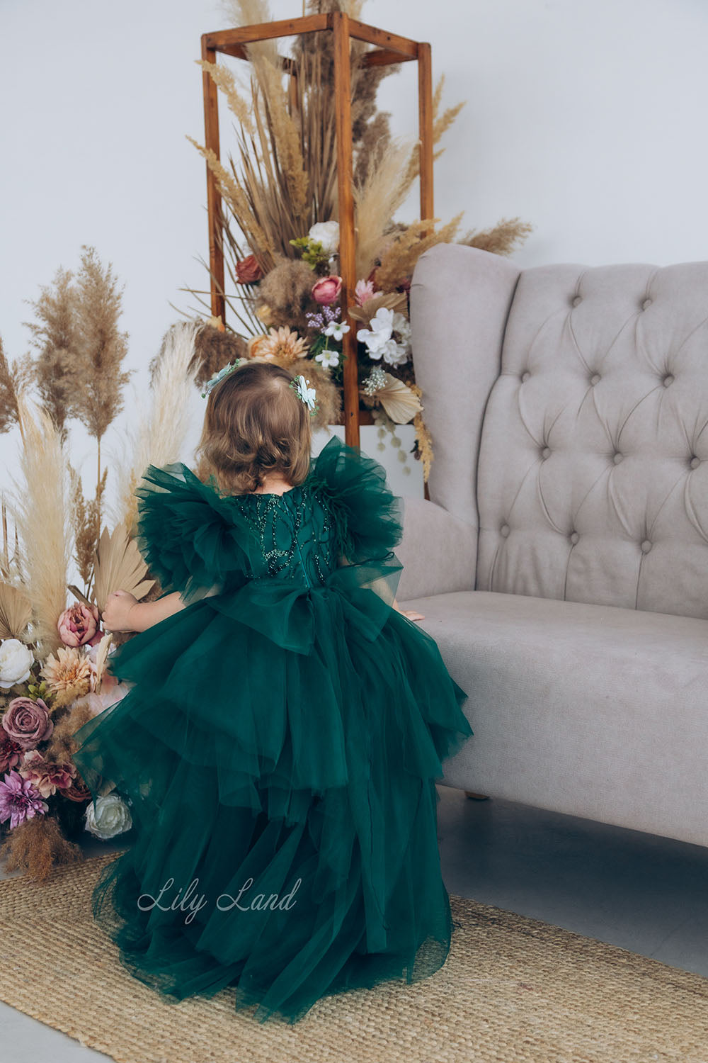 Kelly Girl Dress In Emerald Green With Train