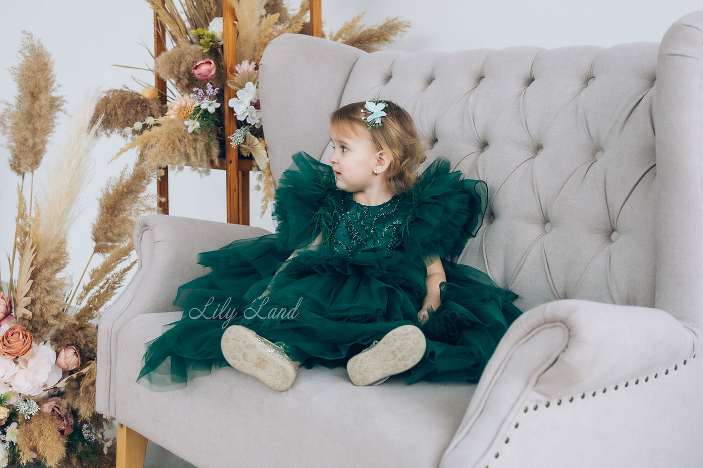 Kelly Girl Dress In Emerald Green With Train