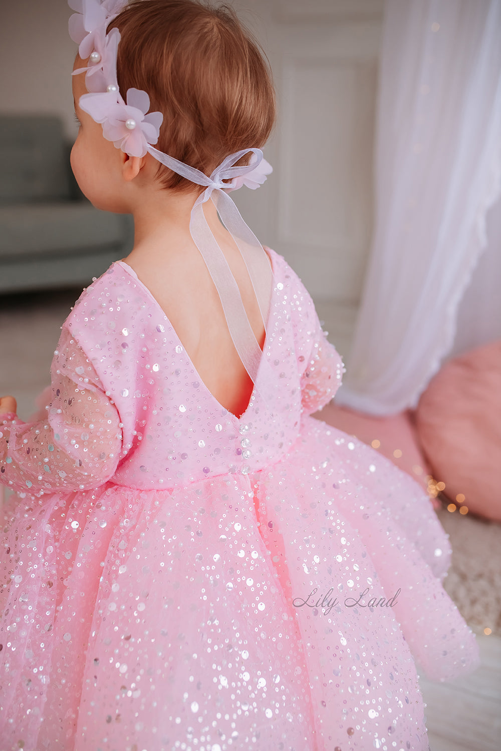 Celeste Girl Dress in Light Pink with a Mesh of Beads and Sequins