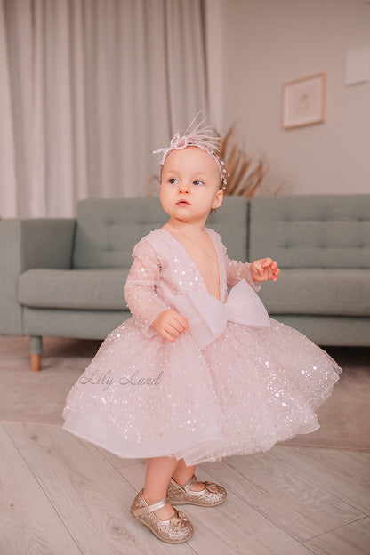 Celeste Girl Dress in Blush Pink with a Mesh of Beads and Sequins