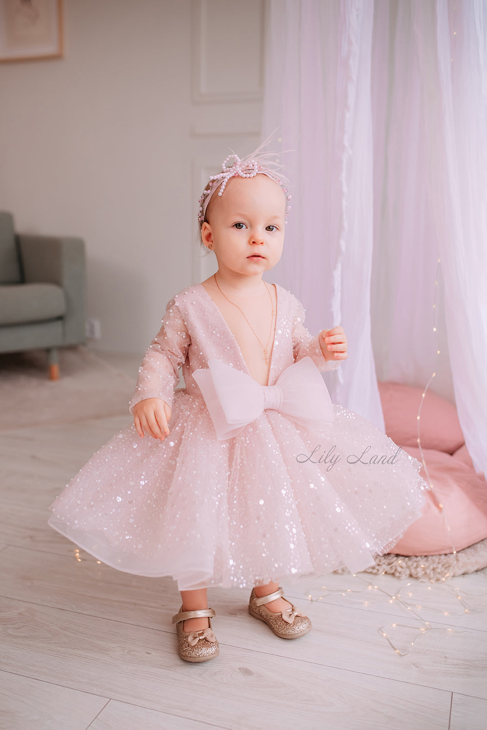 Celeste Girl Dress in Blush Pink with a Mesh of Beads and Sequins