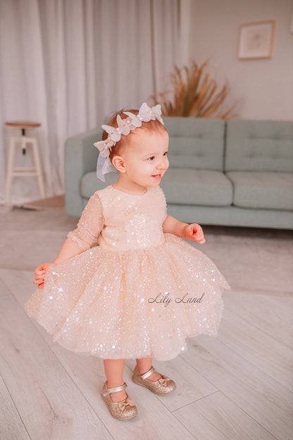 Carolina Girl Dress in Beige with Beads and Sequins