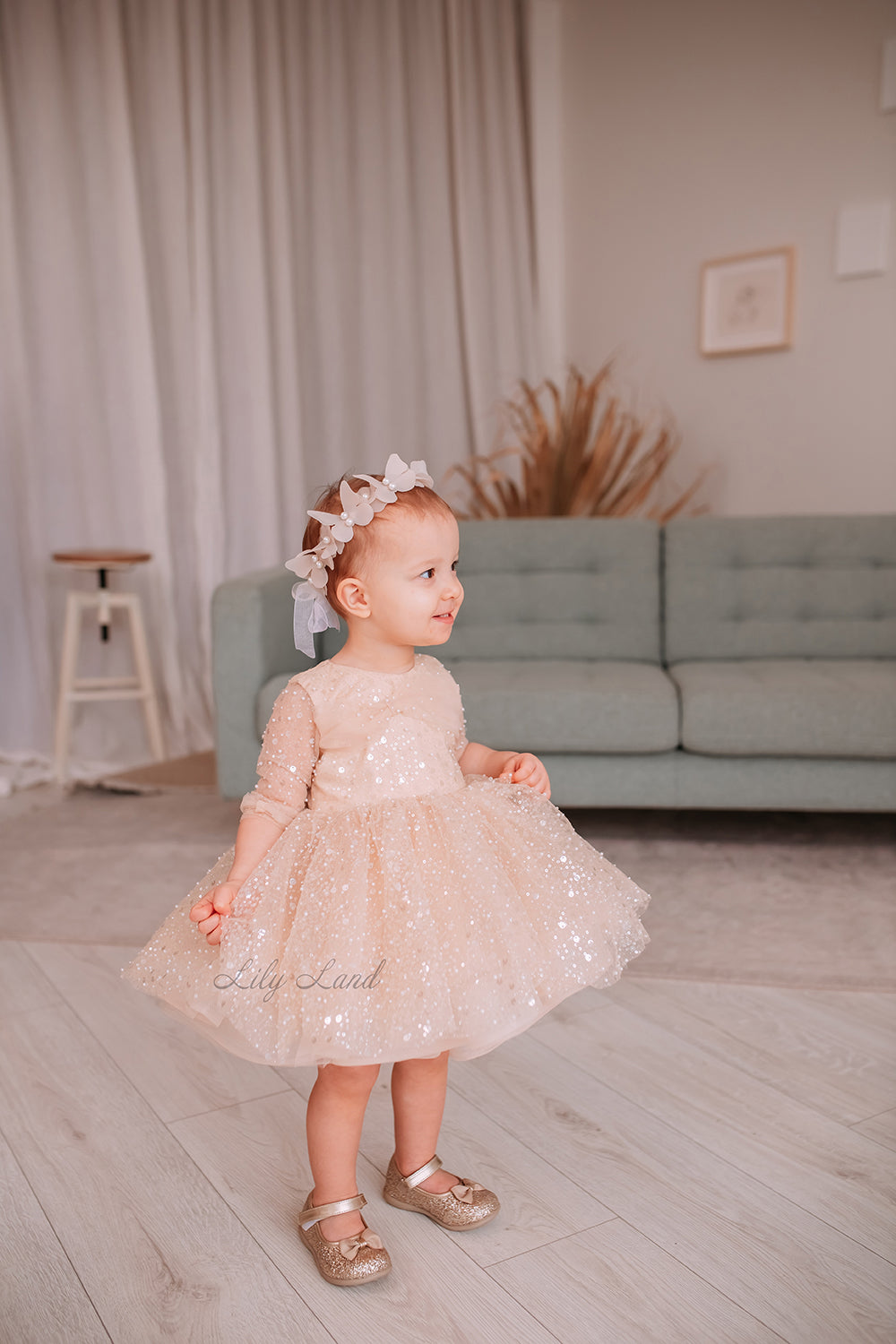 Carolina Girl Dress in Beige with Beads and Sequins