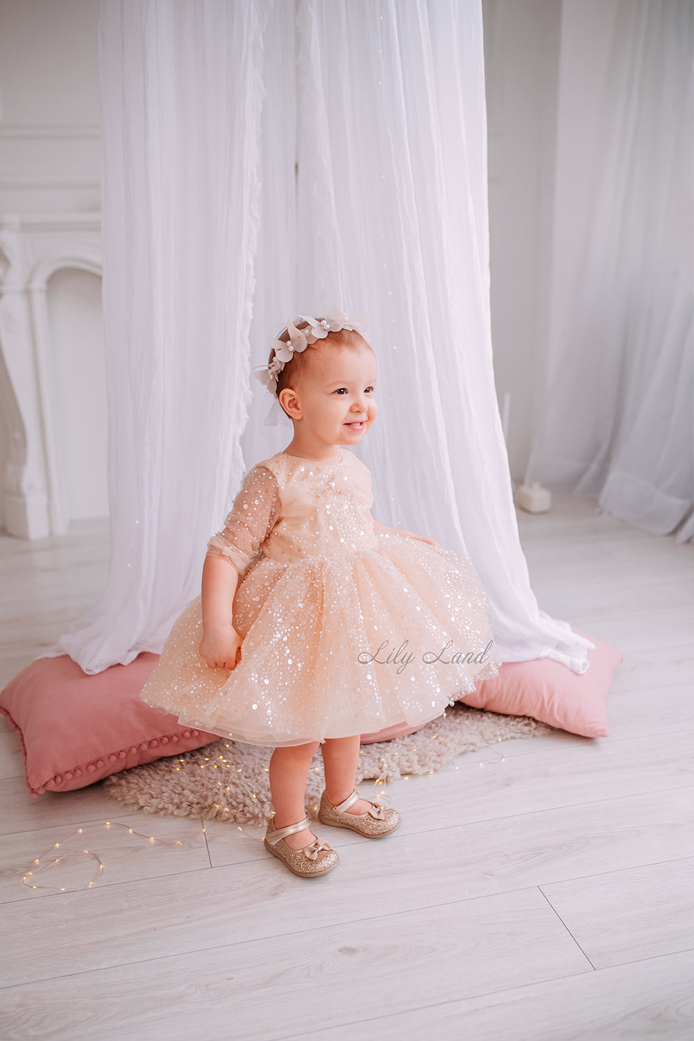 Carolina Girl Dress in Beige with Beads and Sequins