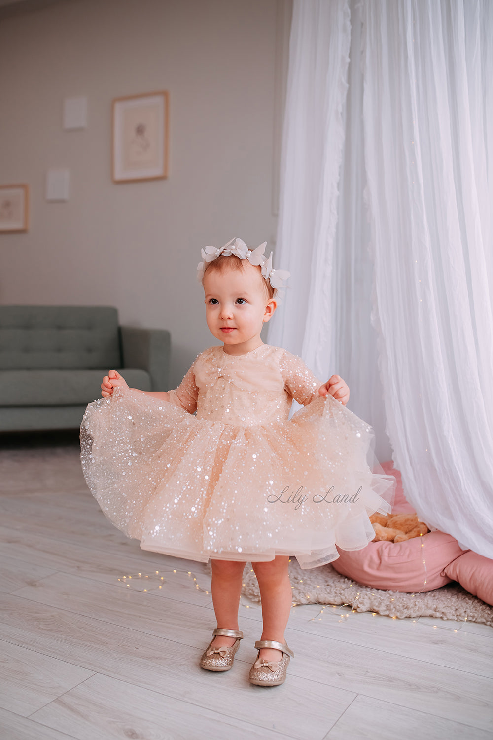 Carolina Girl Dress in Beige with Beads and Sequins