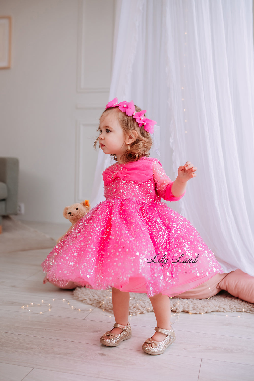 Carolina Girl Dress in Hot Pink with Beads and Sequins