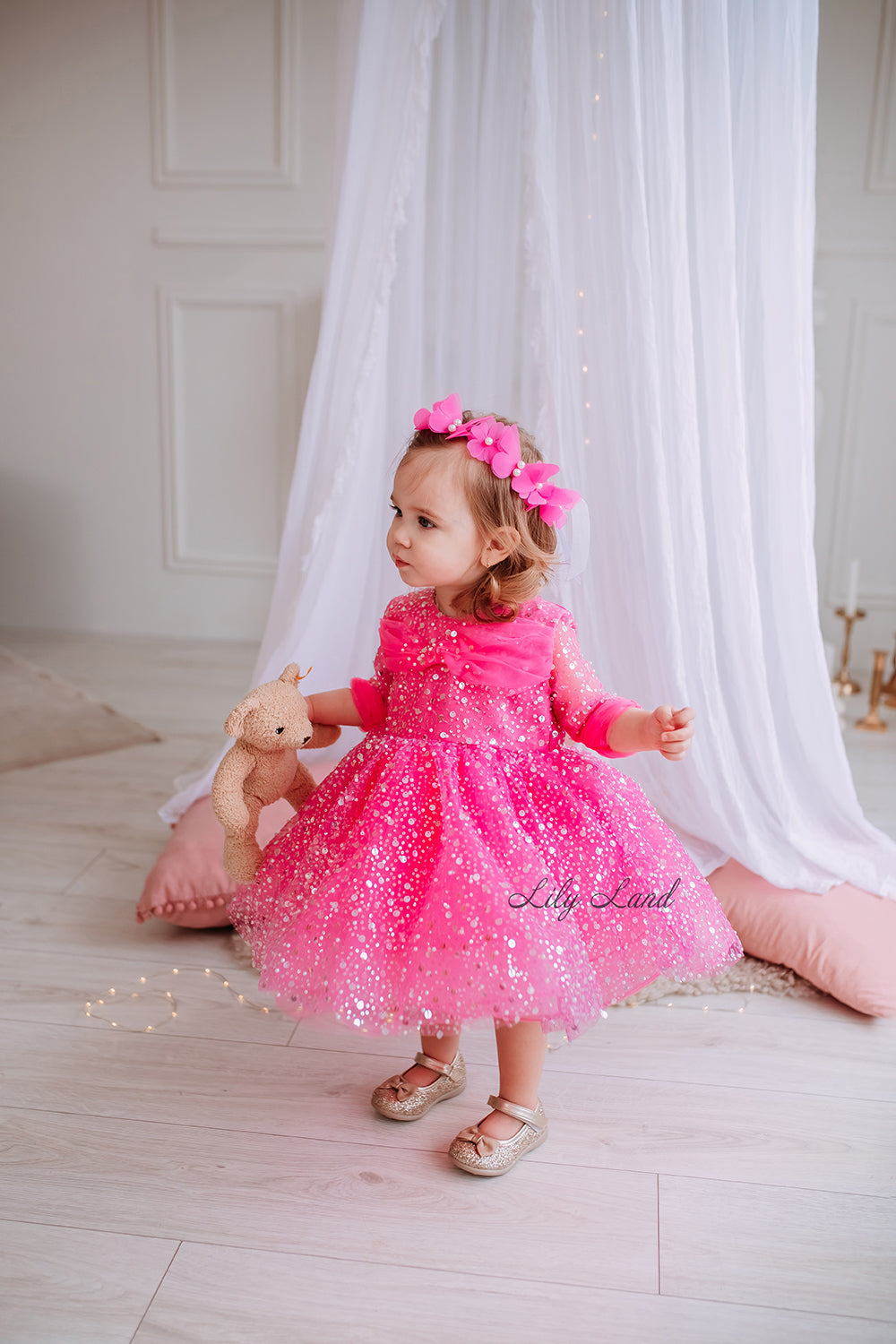 Carolina Girl Dress in Hot Pink with Beads and Sequins