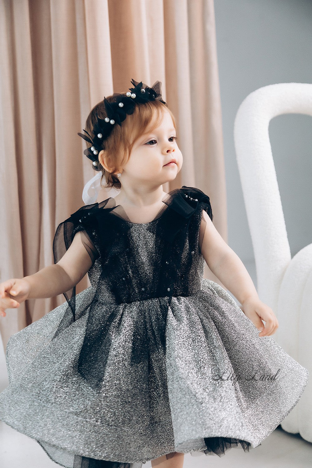 Stefania Girl Glitter Dress In Black With Open Back