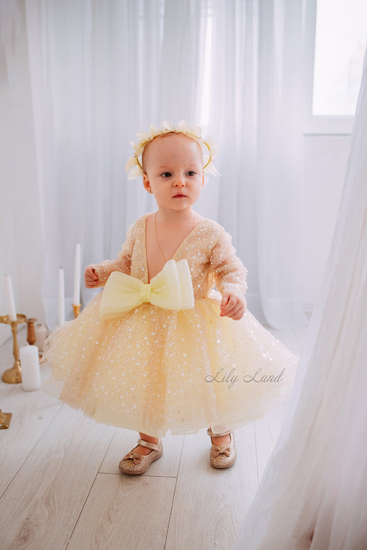 Celeste Girl Dress in Yellow with a Mesh of Beads and Sequins