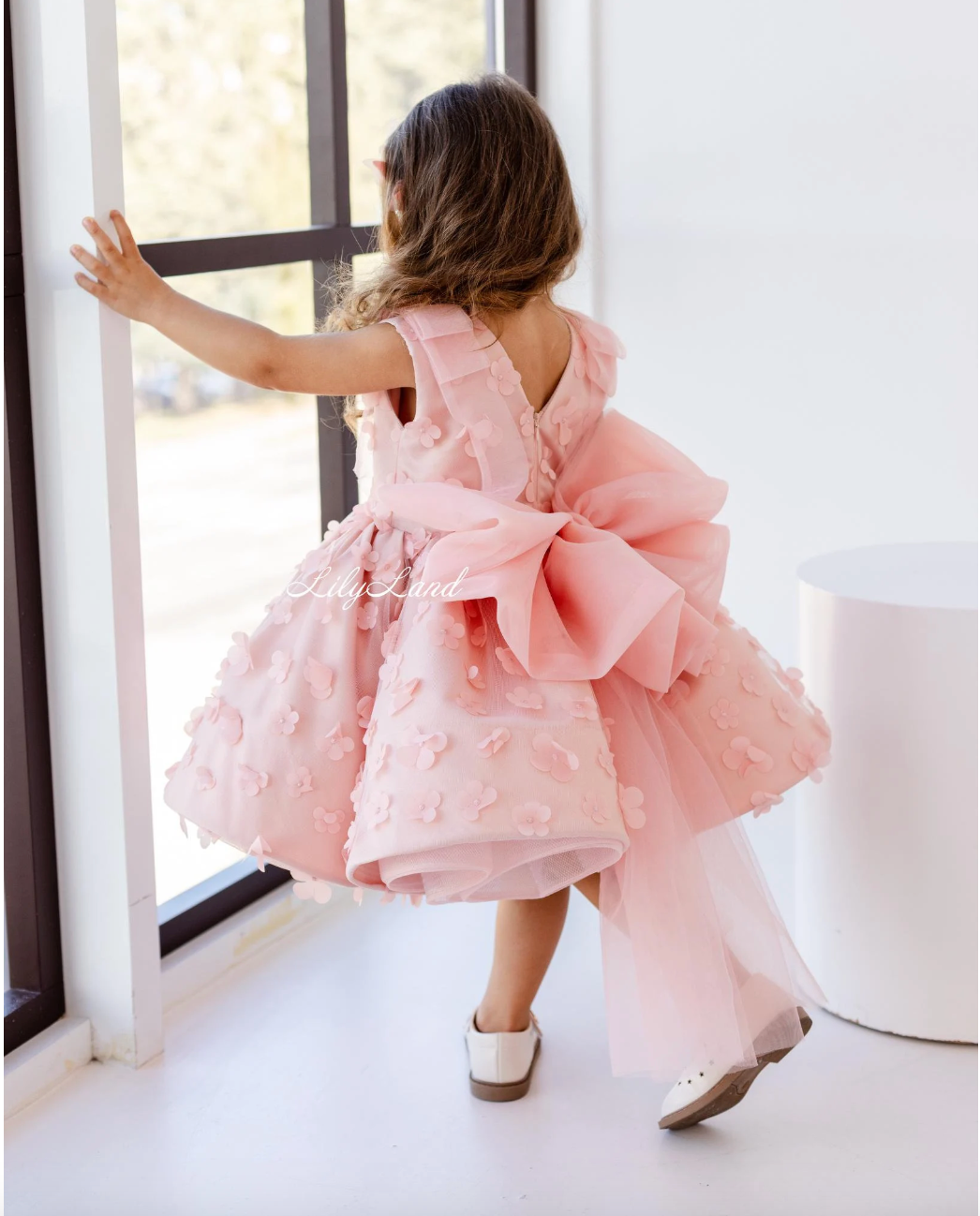 Malva Girl Dress with 3D Flower Lace in Peach