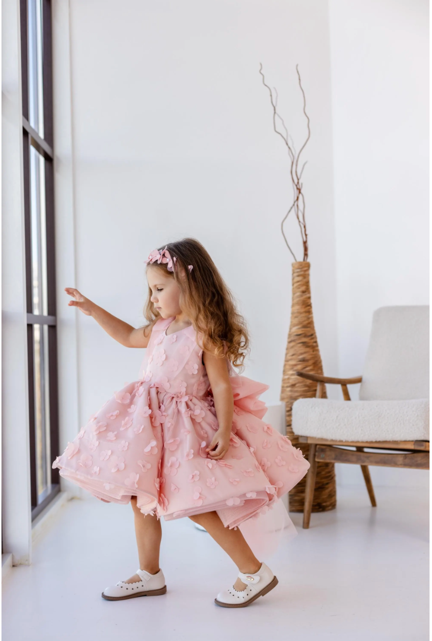 Malva Girl Dress with 3D Flower Lace in Peach