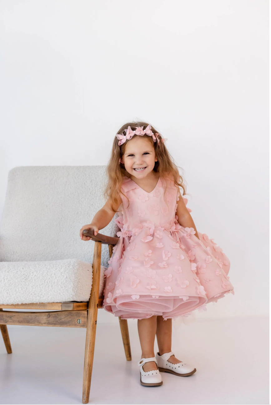 Malva Girl Dress with 3D Flower Lace in Peach