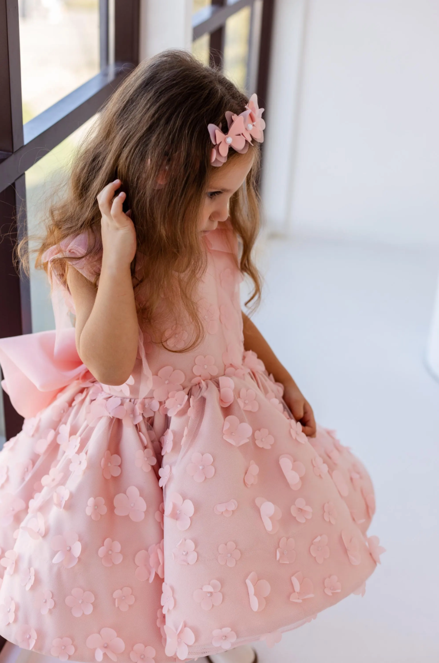 Malva Girl Dress with 3D Flower Lace in Peach