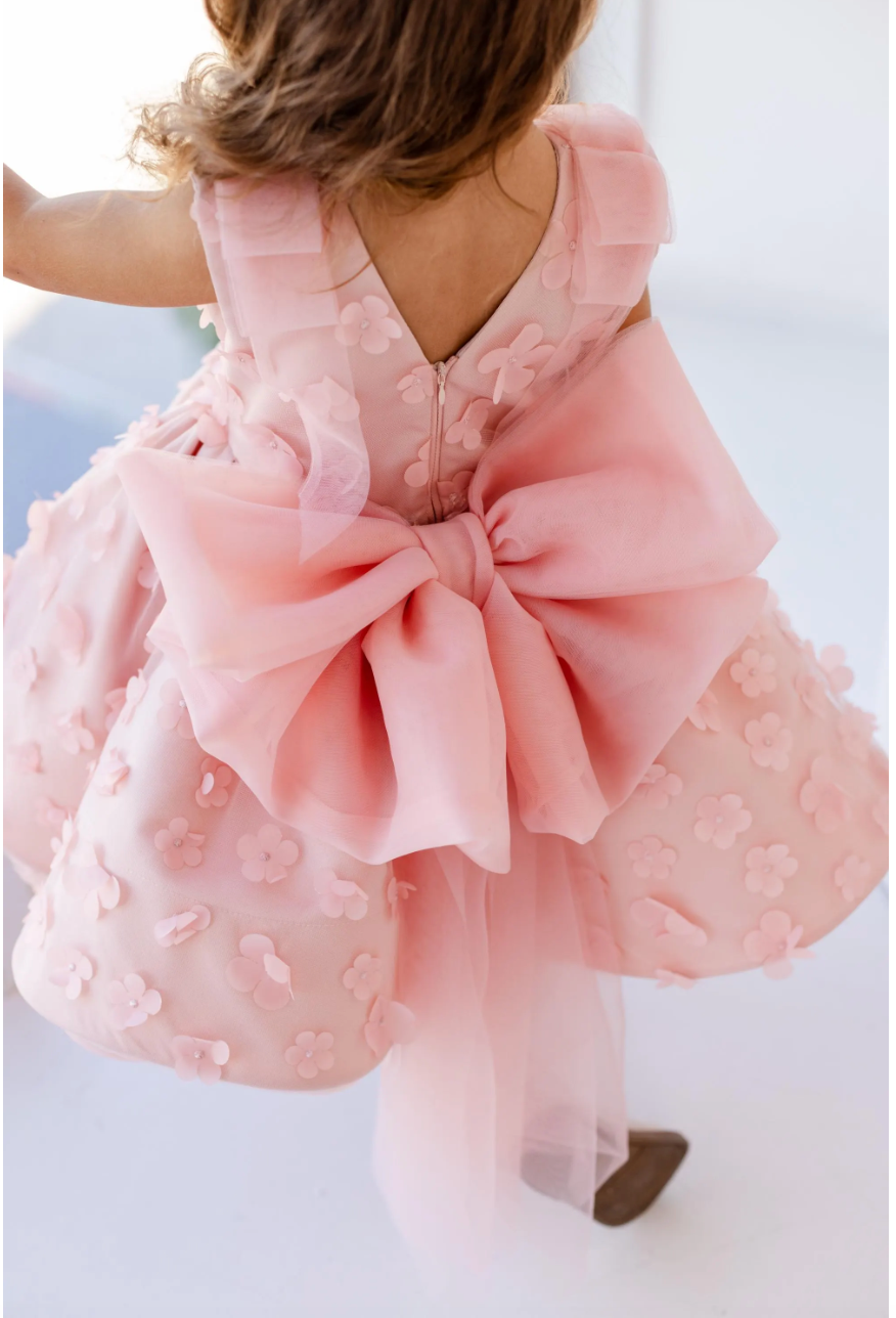 Malva Girl Dress with 3D Flower Lace in Peach