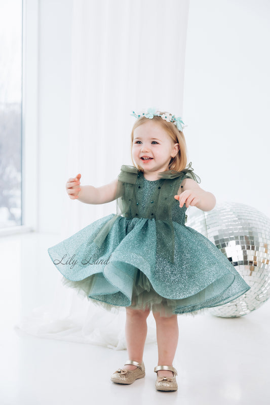 Stefania Girl Glitter Dress In Emerald Green With Open Back