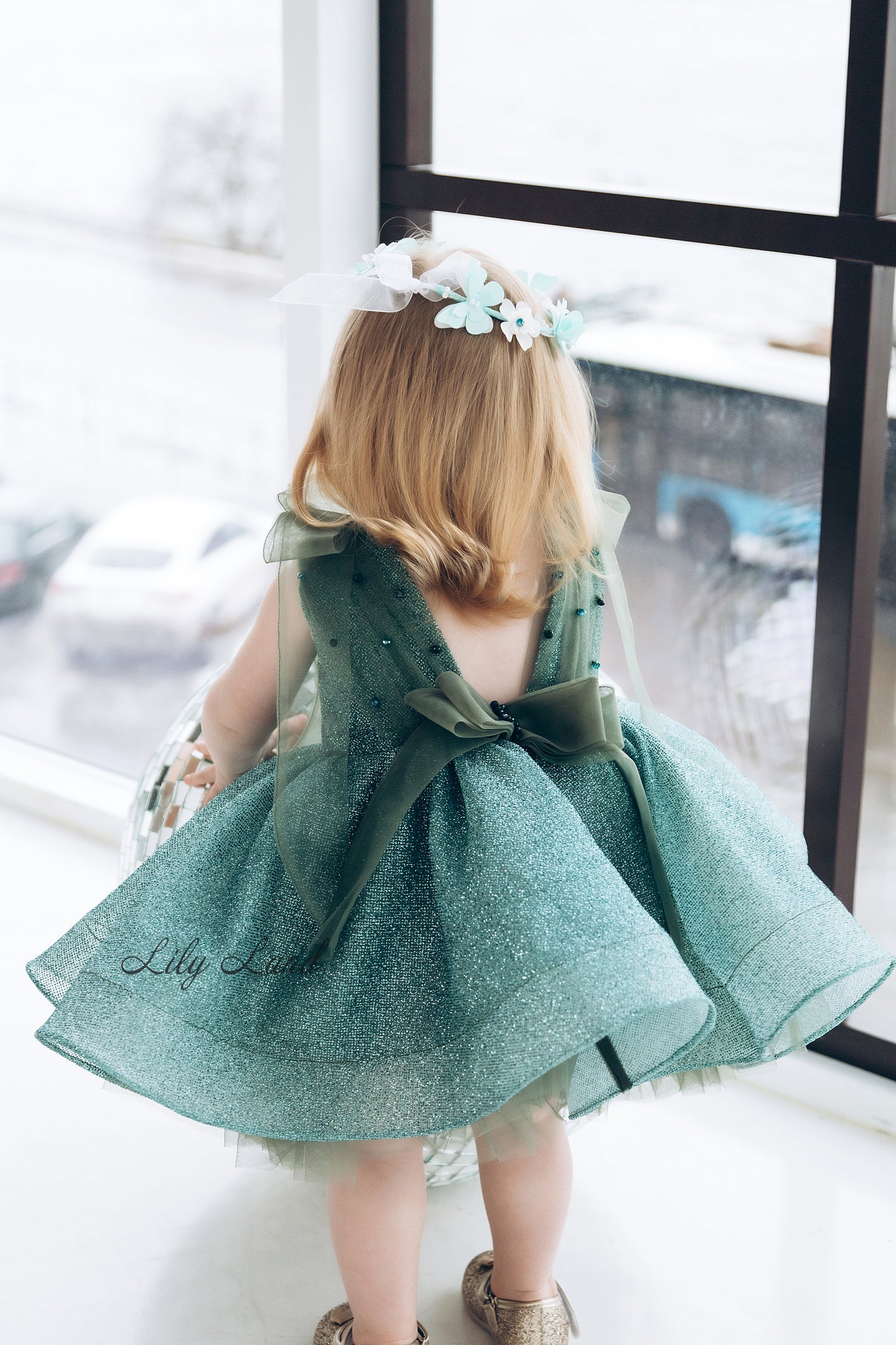 Stefania Girl Glitter Dress In Emerald Green With Open Back