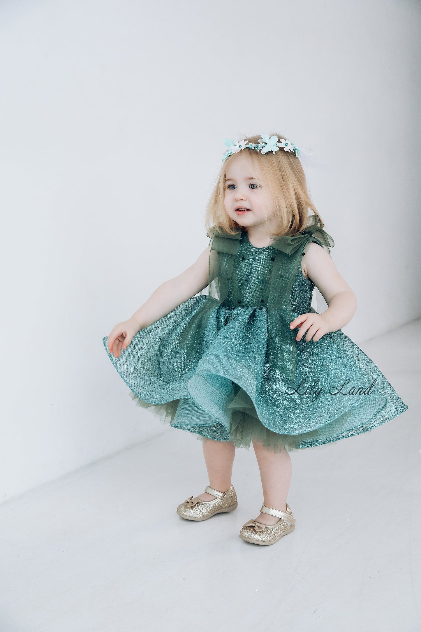 Stefania Girl Glitter Dress In Turquoise With Open Back