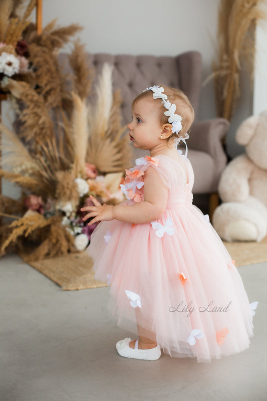 Fleur Girl Dress with Butterflies in Peach Color