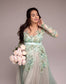 Maternity Dress in Sage Green with Lace and Long Fluffy Train for Photoshoot