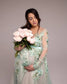 Maternity Dress in Sage Green with Lace and Long Fluffy Train for Photoshoot