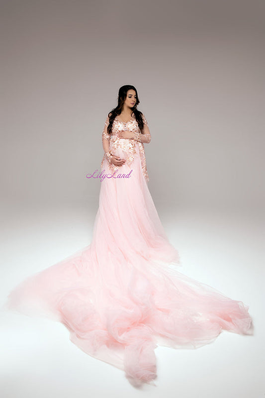 Maternity Dress in Powder Pink with Lace and Long Fluffy Train for Photoshoot