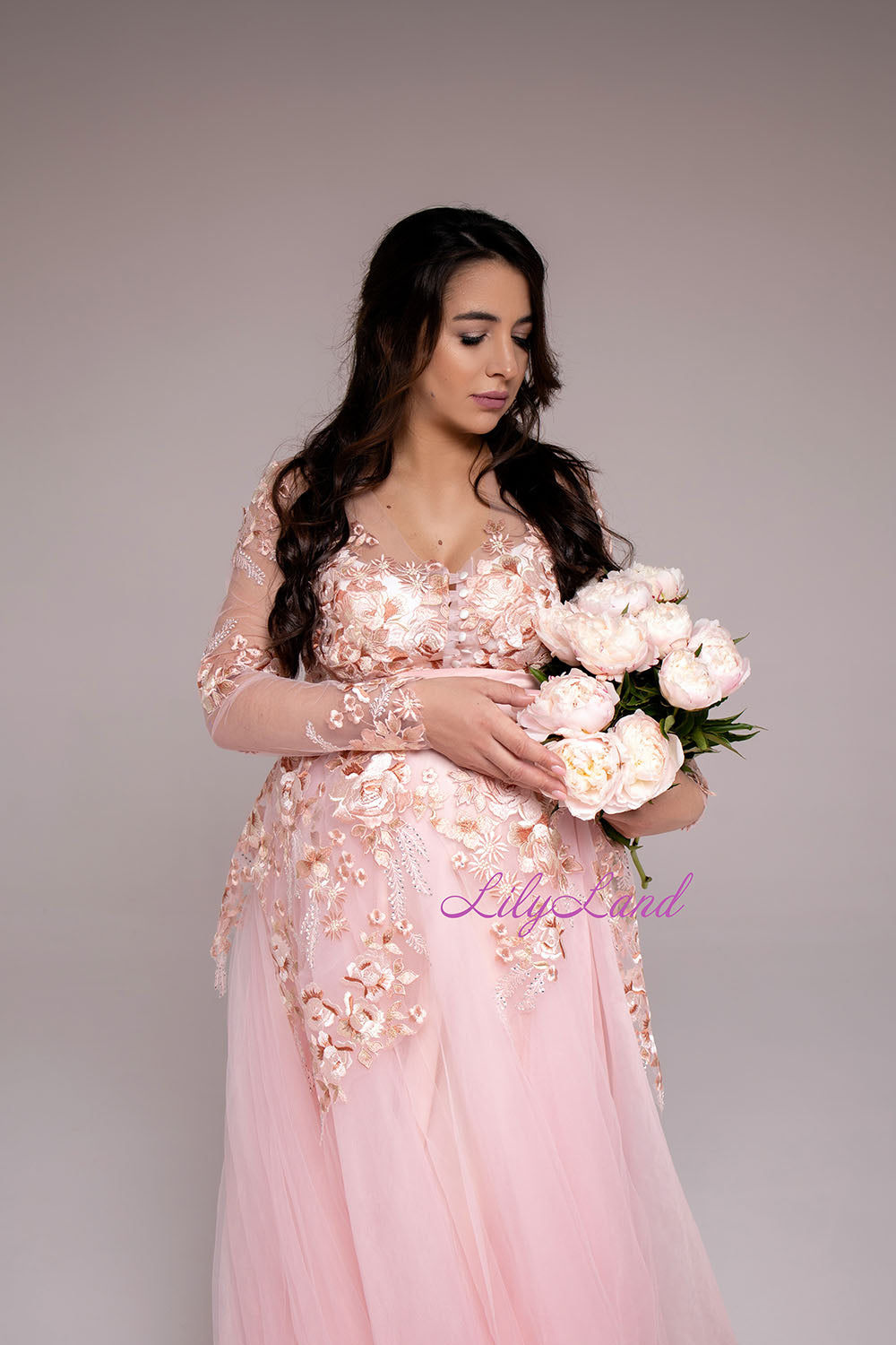 Maternity Dress in Powder Pink with Lace and Long Fluffy Train for Photoshoot