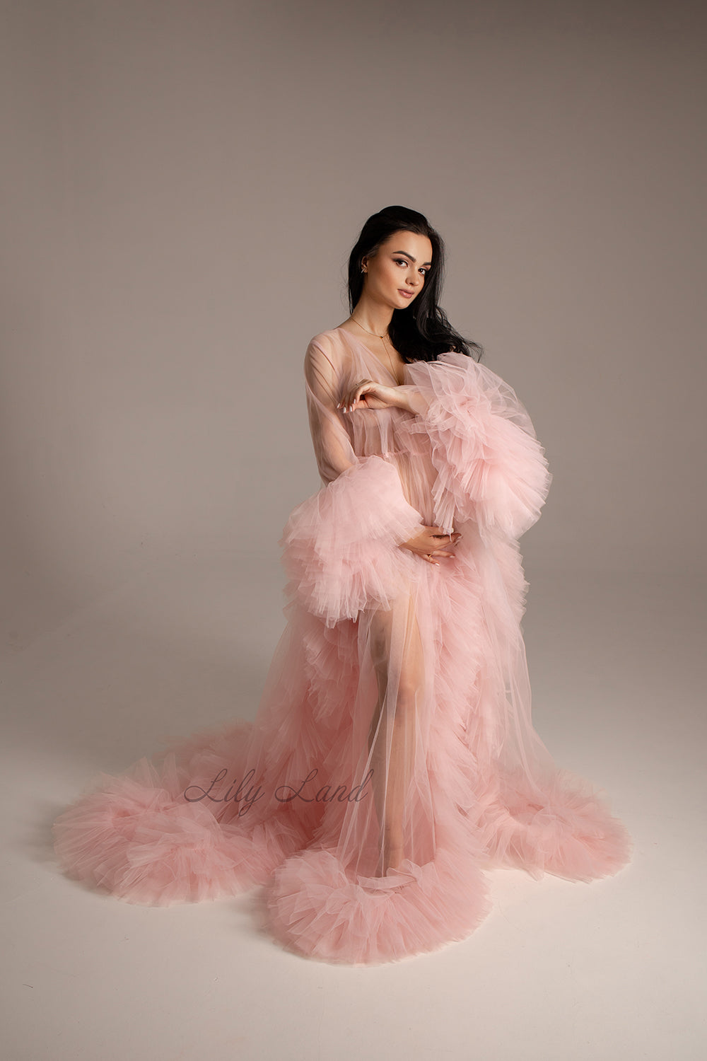 Robe for Maternity Photoshoot in Light Pink with Unusually Cut Train